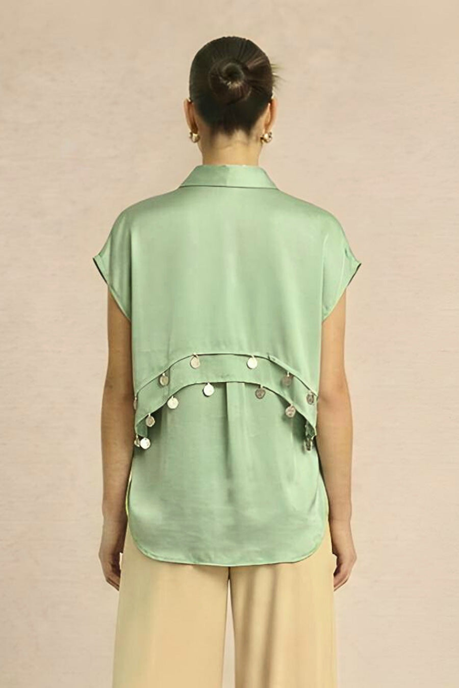 Ash Green Coin Embellished Panelled Shirt