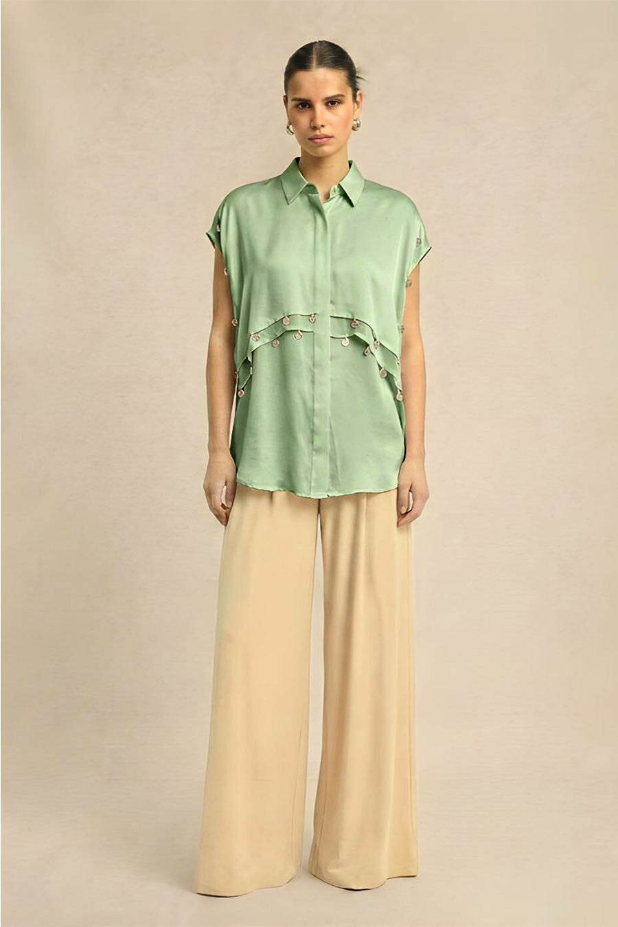 Ash Green Coin Embellished Panelled Shirt