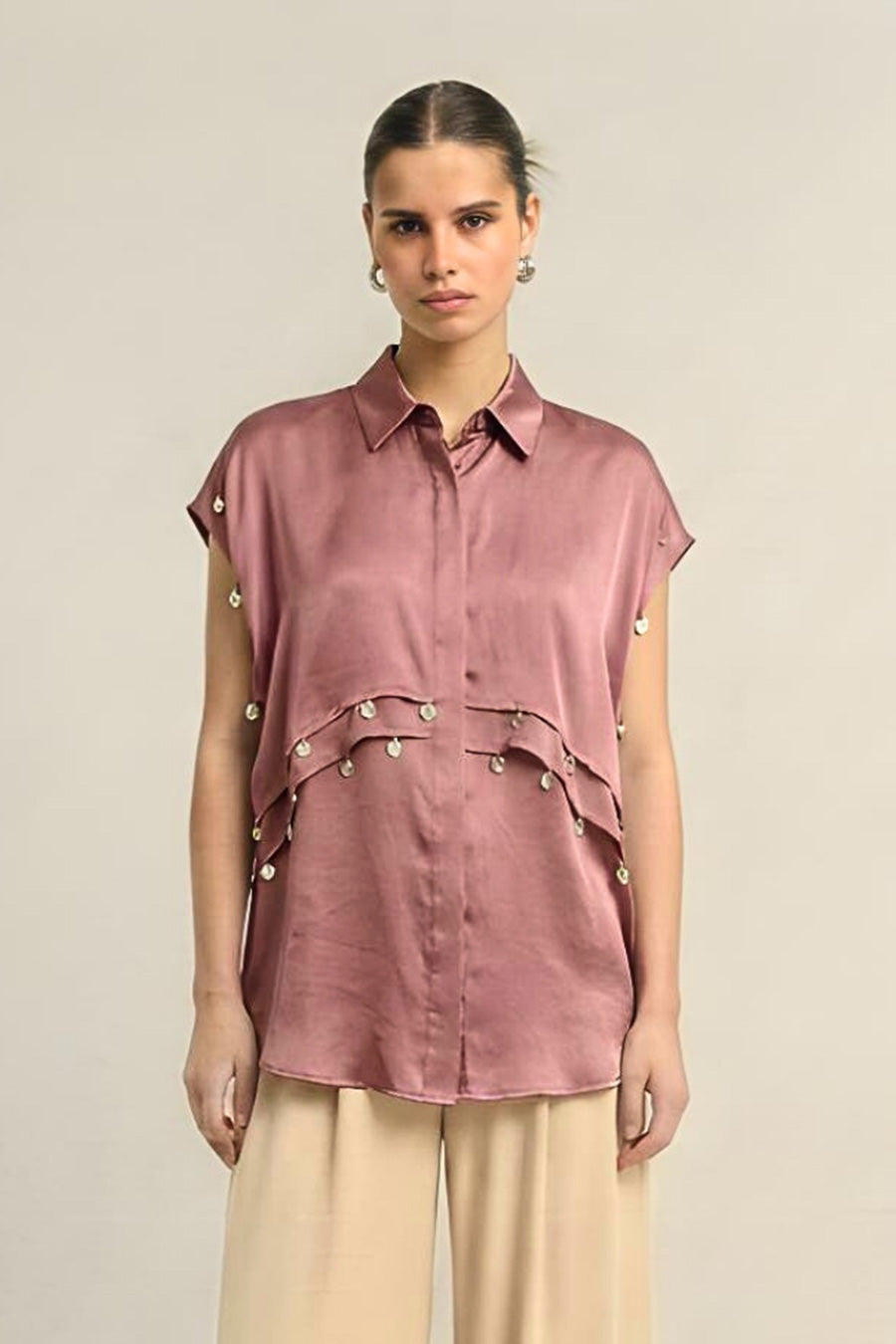 Brick Red Coin Embellished Panelled Shirt