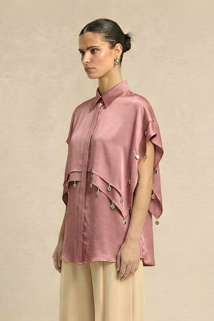Brick Red Coin Embellished Panelled Shirt