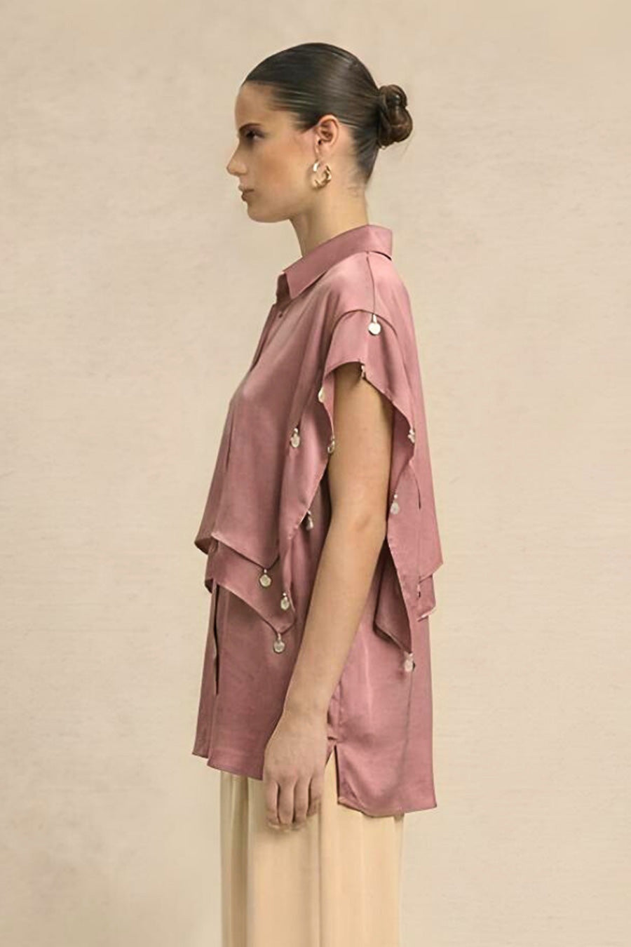 Brick Red Coin Embellished Panelled Shirt