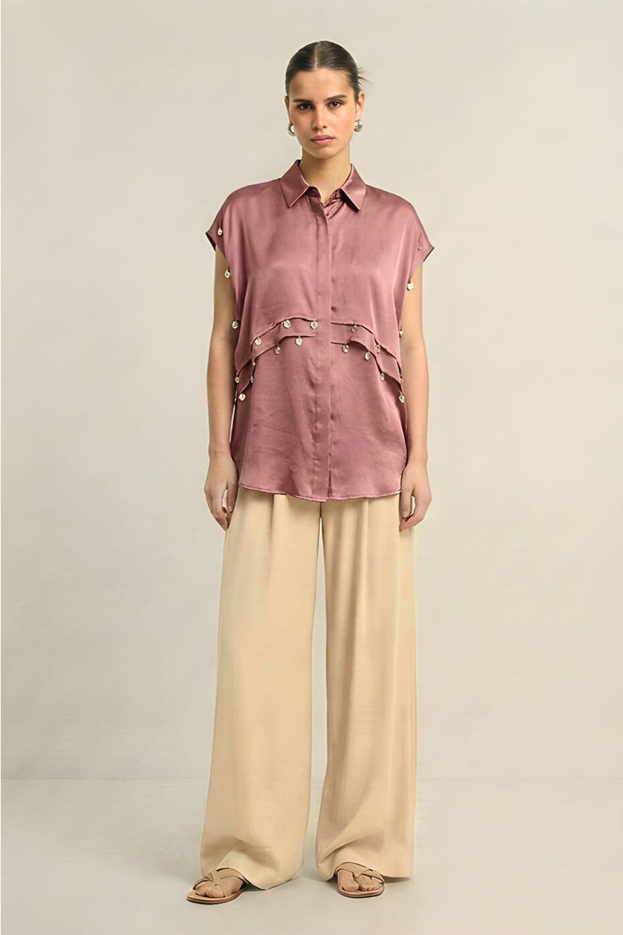 Brick Red Coin Embellished Panelled Shirt