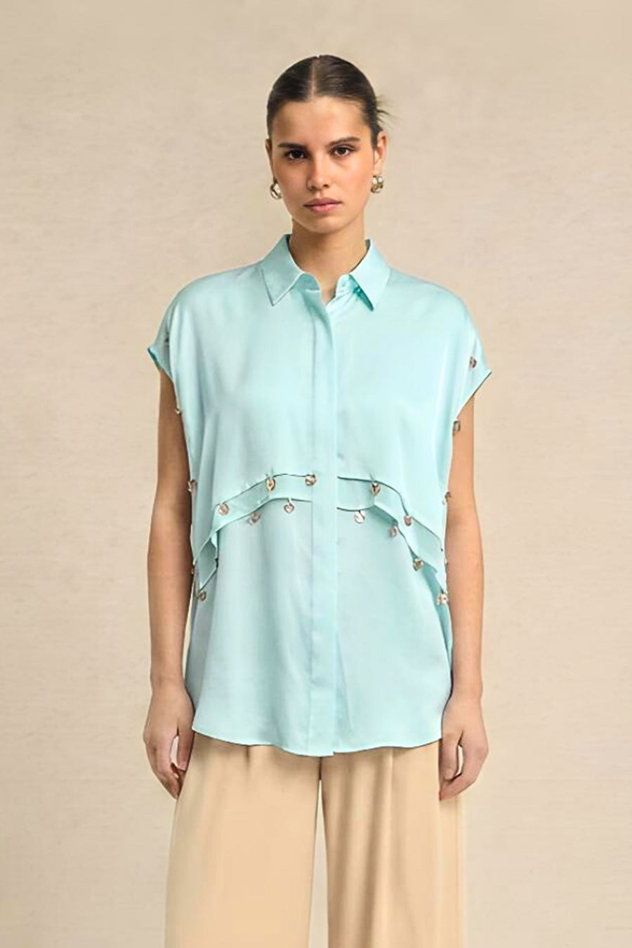 Tropical Blue Coin Embellished Panelled Shirt