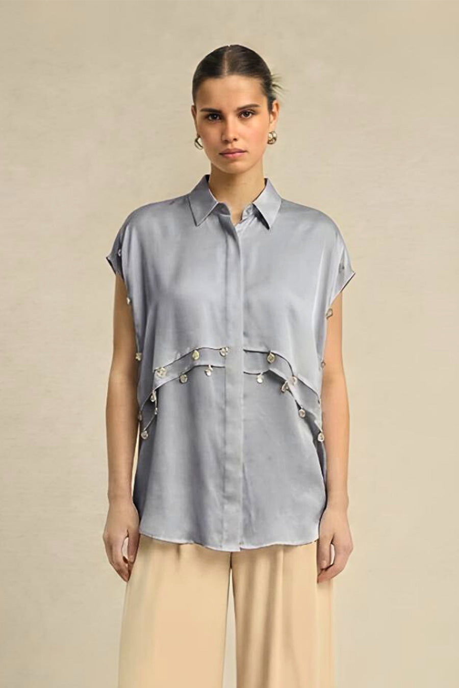Steel Grey Coin Embellished Panelled Shirt