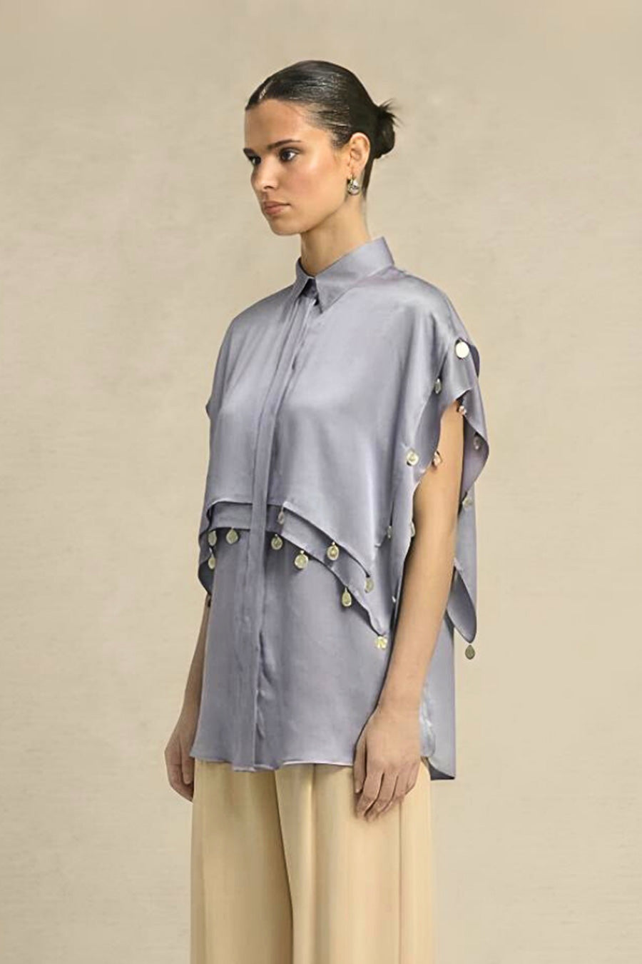 Steel Grey Coin Embellished Panelled Shirt