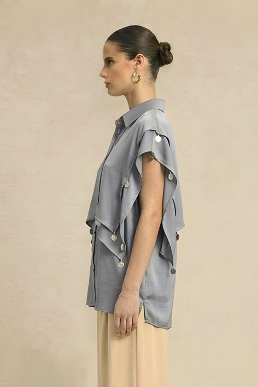 Steel Grey Coin Embellished Panelled Shirt