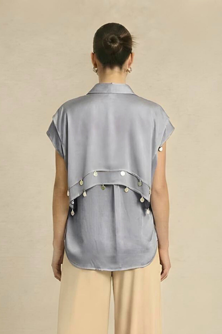 Steel Grey Coin Embellished Panelled Shirt