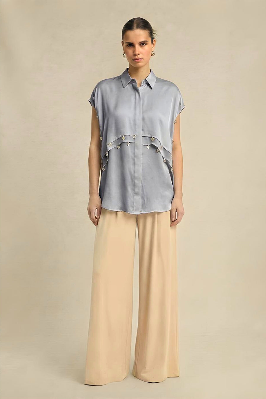 Steel Grey Coin Embellished Panelled Shirt