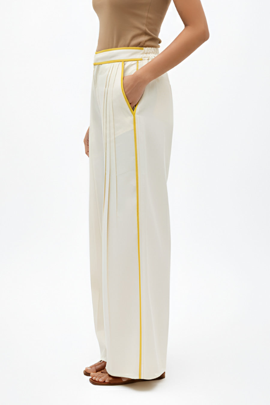 Ivory-Mango Yellow Pintucks Pants