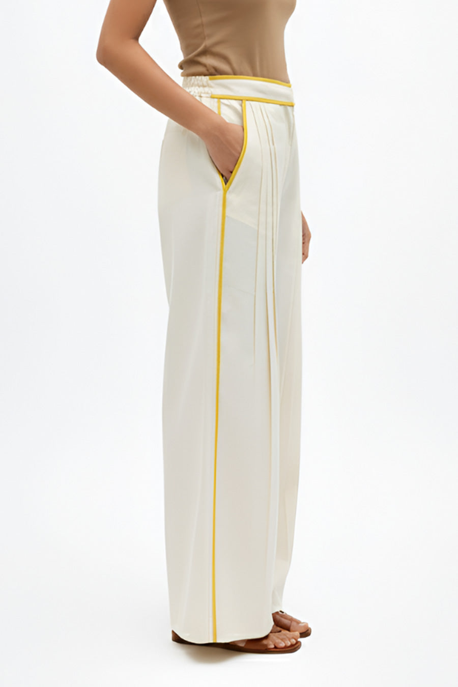 Ivory-Mango Yellow Pintucks Pants