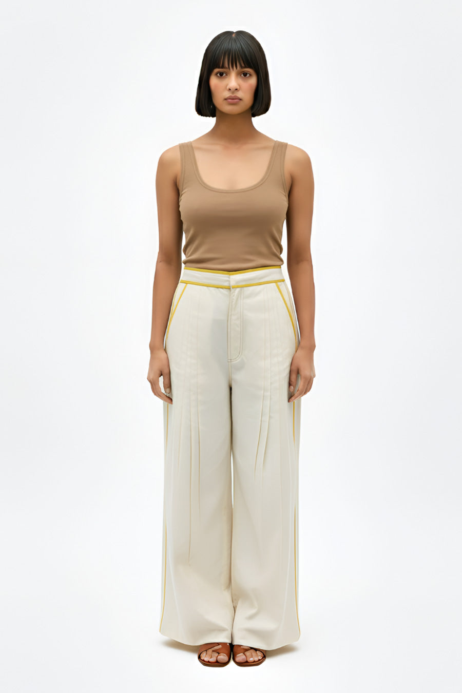 Ivory-Mango Yellow Pintucks Pants