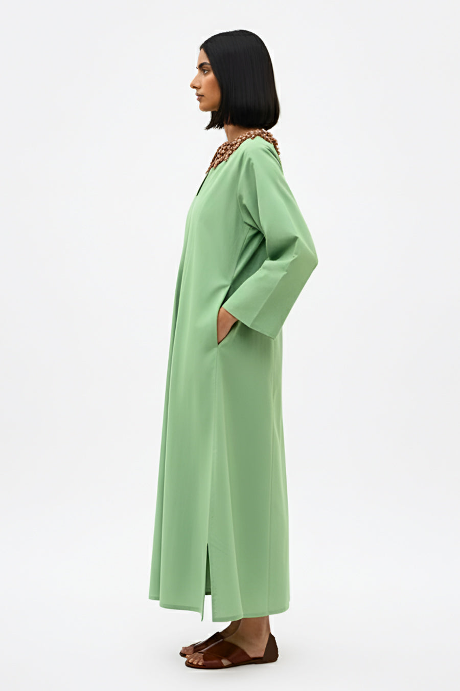 Green-Tuscan Red Beaded Collar Maxi Dress