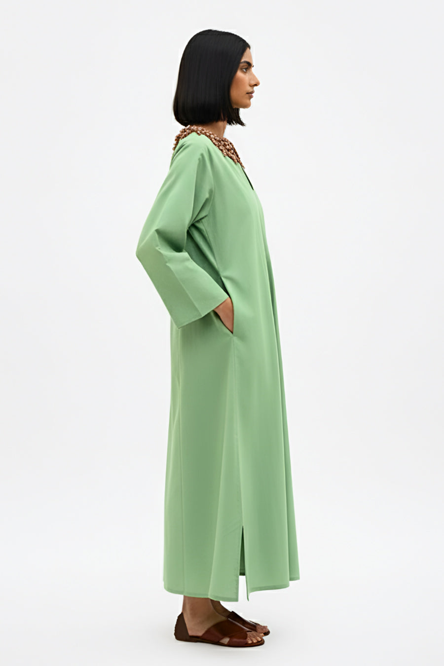 Green-Tuscan Red Beaded Collar Maxi Dress