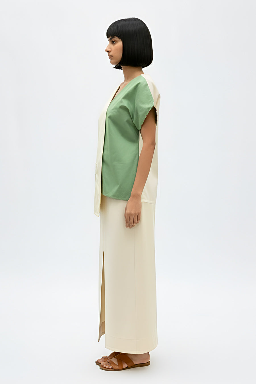 Ivory-Asparagus Green Top & Skirt Co-Ord Set