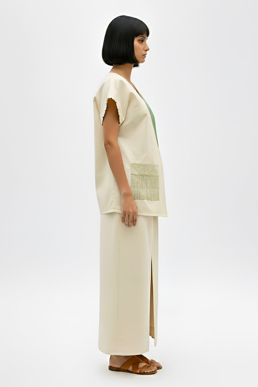 Ivory-Asparagus Green Top & Skirt Co-Ord Set