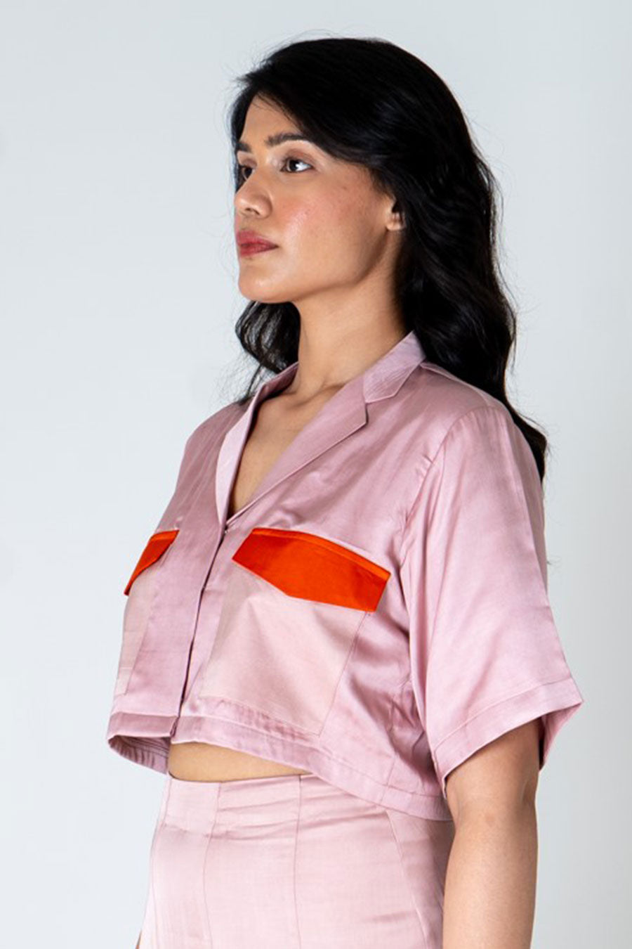 Pink-Orange Colour-Blocked Crop Shirt