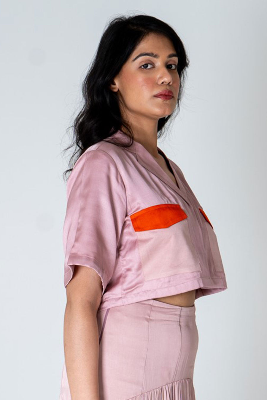 Pink-Orange Colour-Blocked Crop Shirt