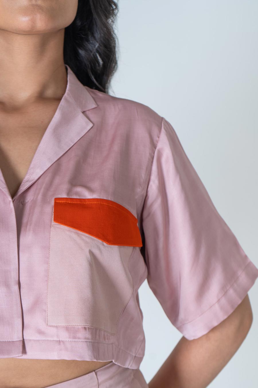 Pink-Orange Colour-Blocked Crop Shirt