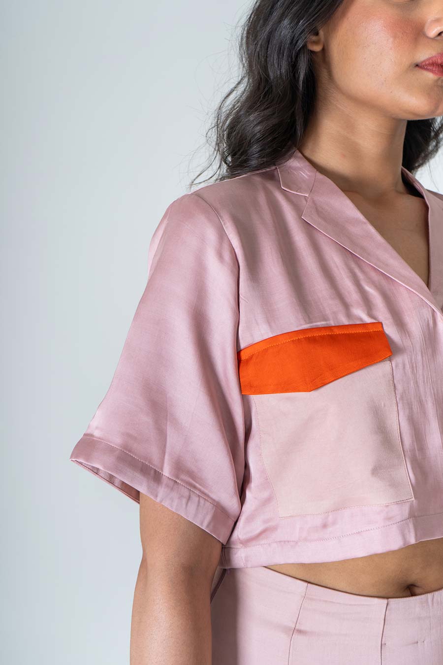 Pink-Orange Colour-Blocked Crop Shirt