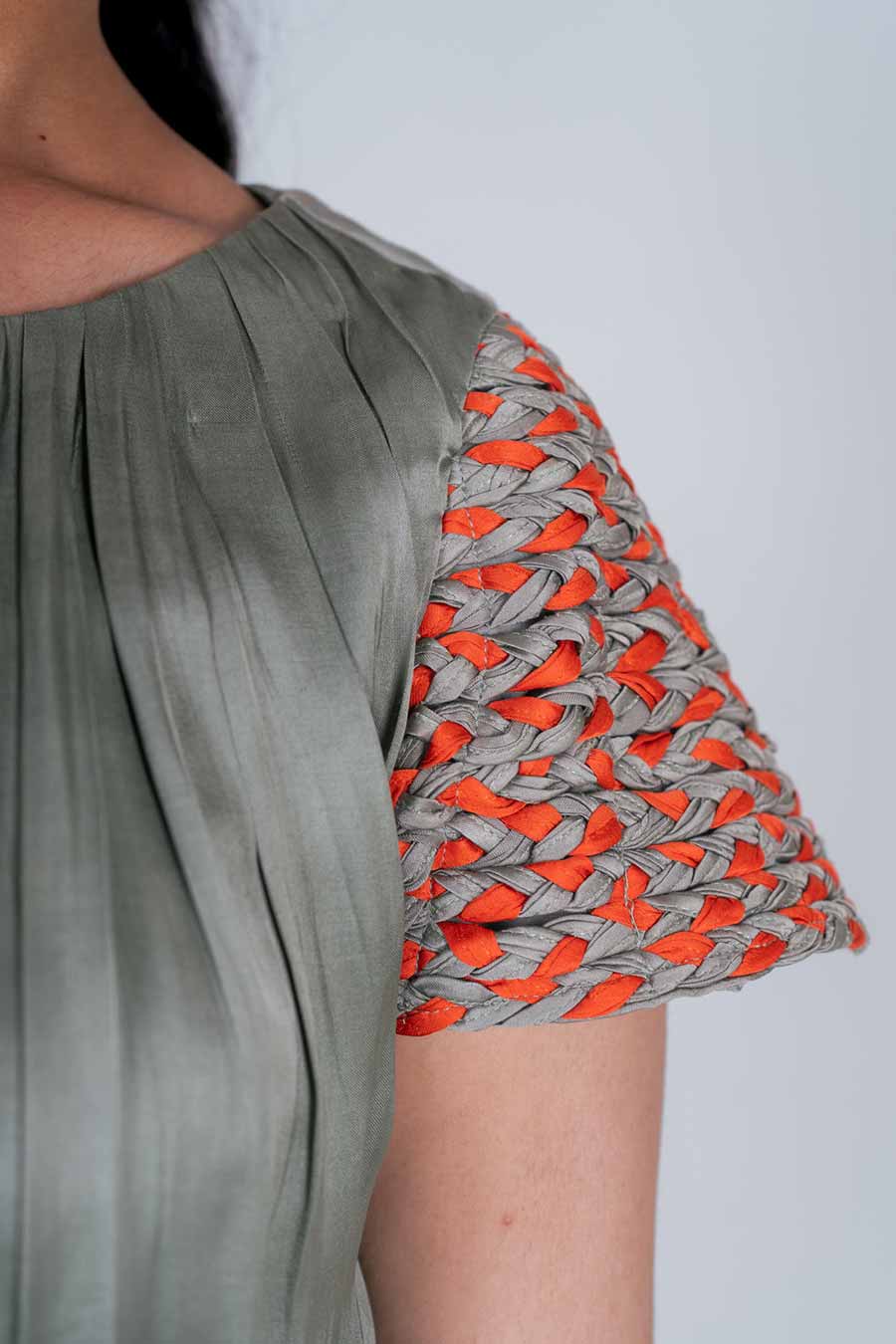 Green-Orange Braided Sleeves Midi Dress