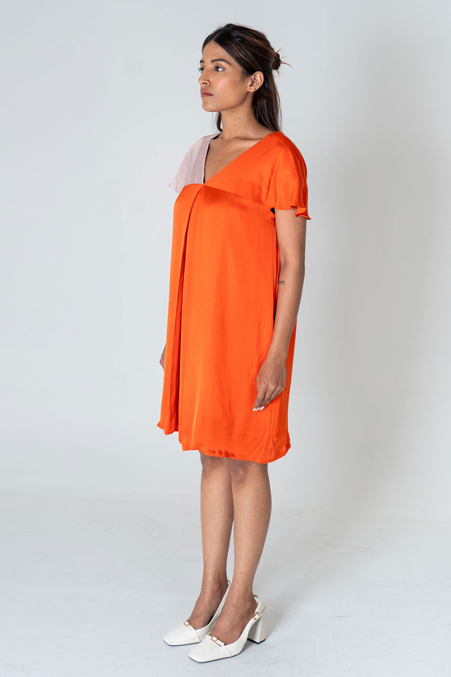 Orange-Pink Colour-Blocked Short Dress