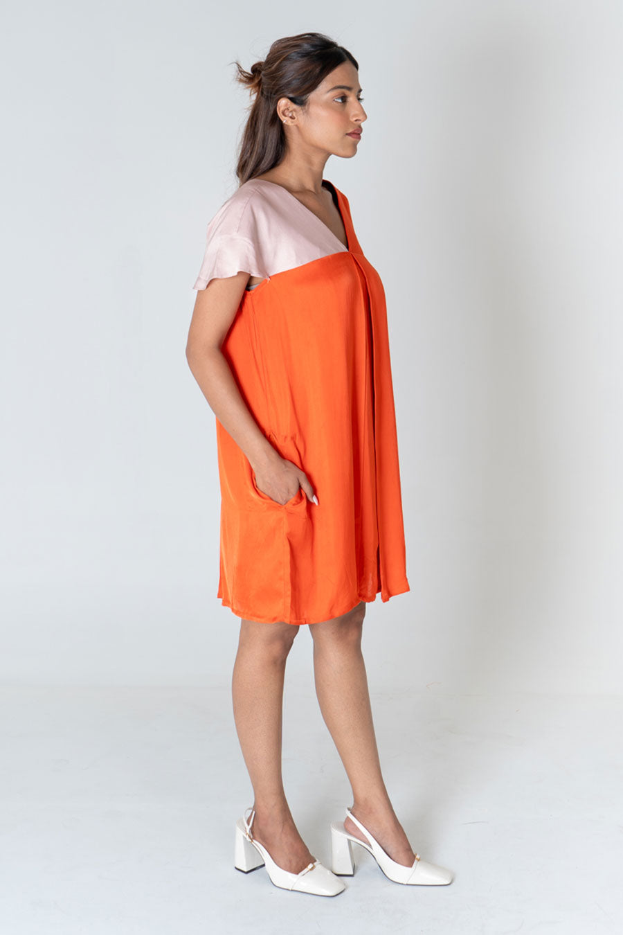 Orange-Pink Colour-Blocked Short Dress