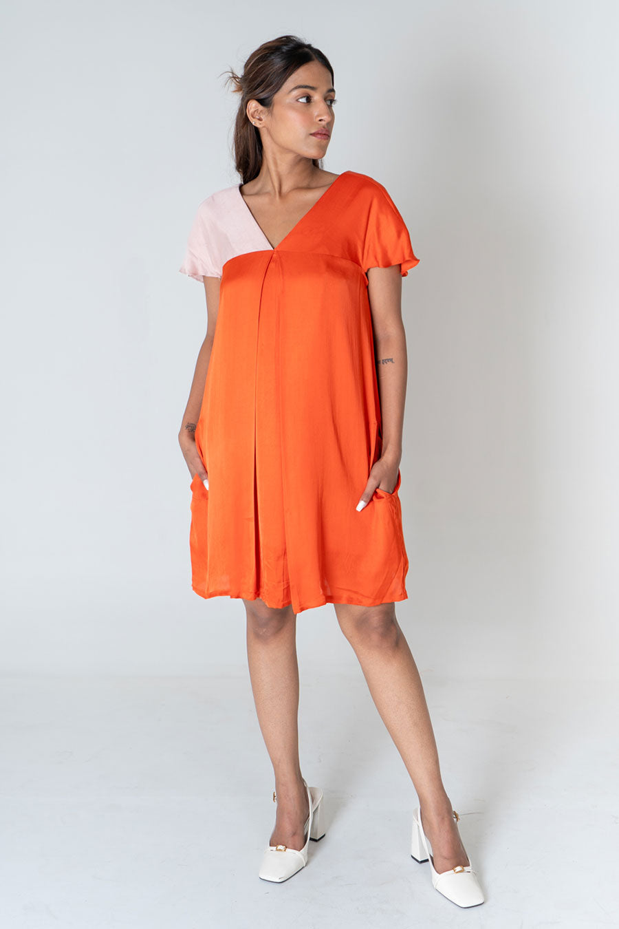 Orange-Pink Colour-Blocked Short Dress