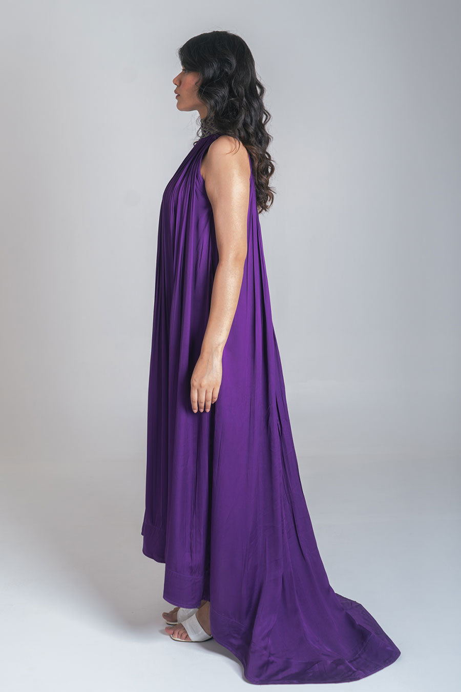 Purple-Green Braided Neck Gathered Gown