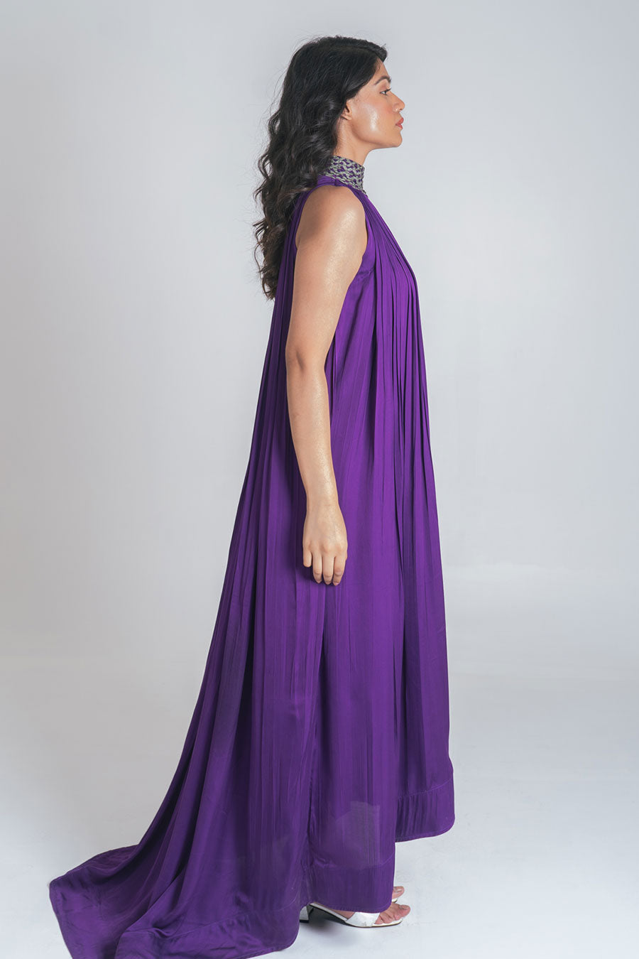 Purple-Green Braided Neck Gathered Gown