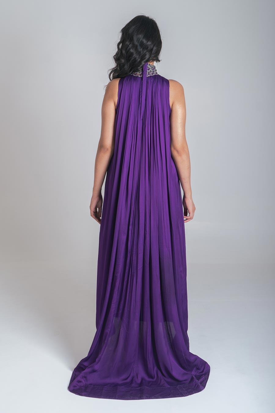 Purple-Green Braided Neck Gathered Gown