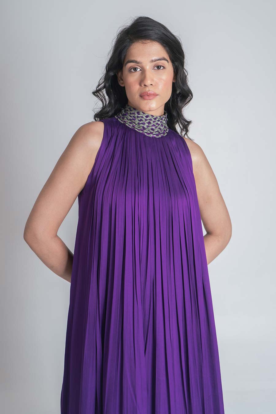 Purple-Green Braided Neck Gathered Gown