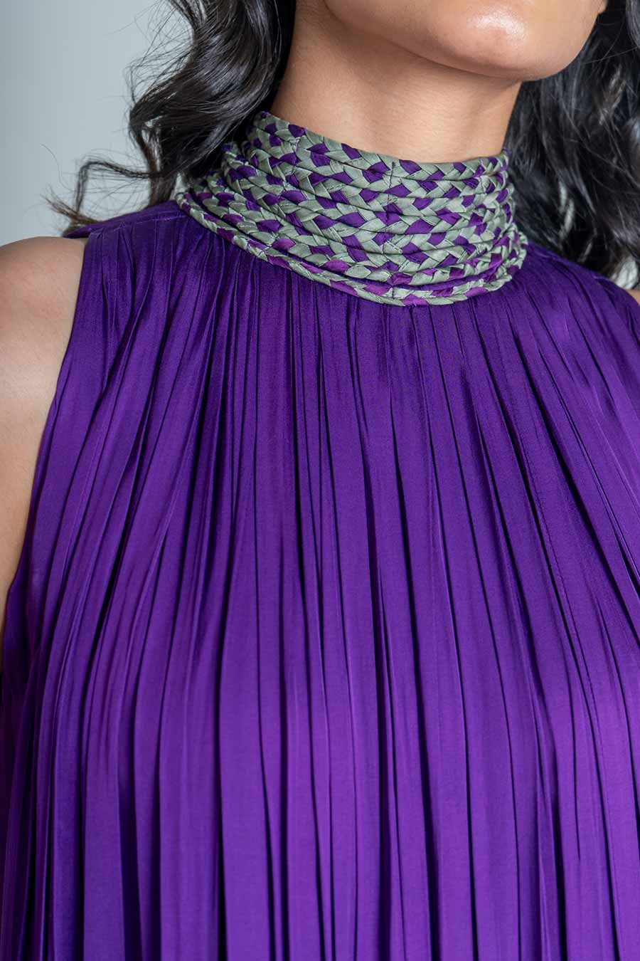Purple-Green Braided Neck Gathered Gown