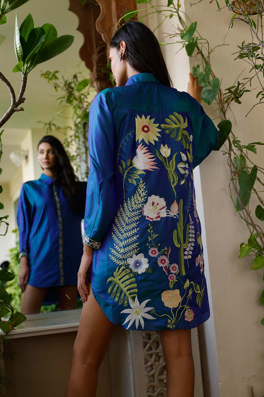 Lior Blue Embroidered Shirt Dress
