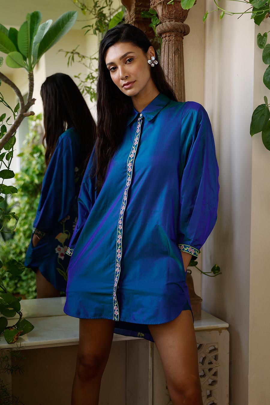 Lior Blue Embroidered Shirt Dress