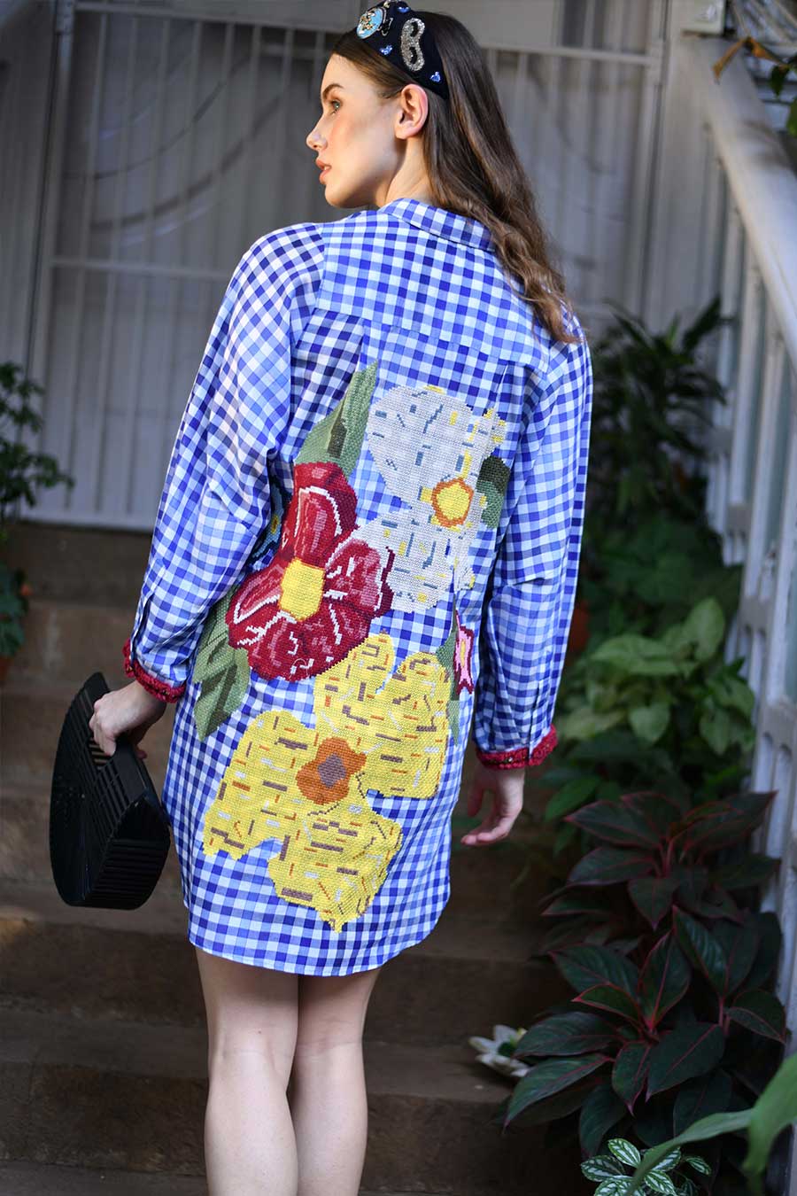 Layla Blue Checkered Embroidered Shirt Dress