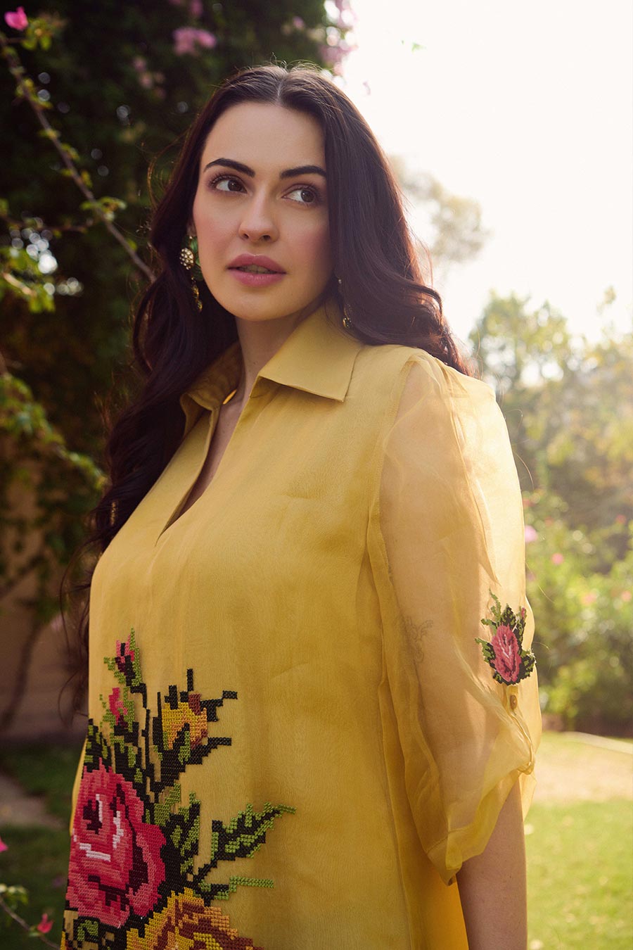 Mustard Organza Embroidered Dress