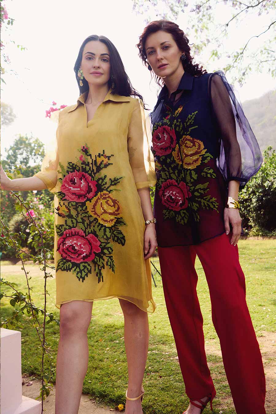 Mustard Organza Embroidered Dress