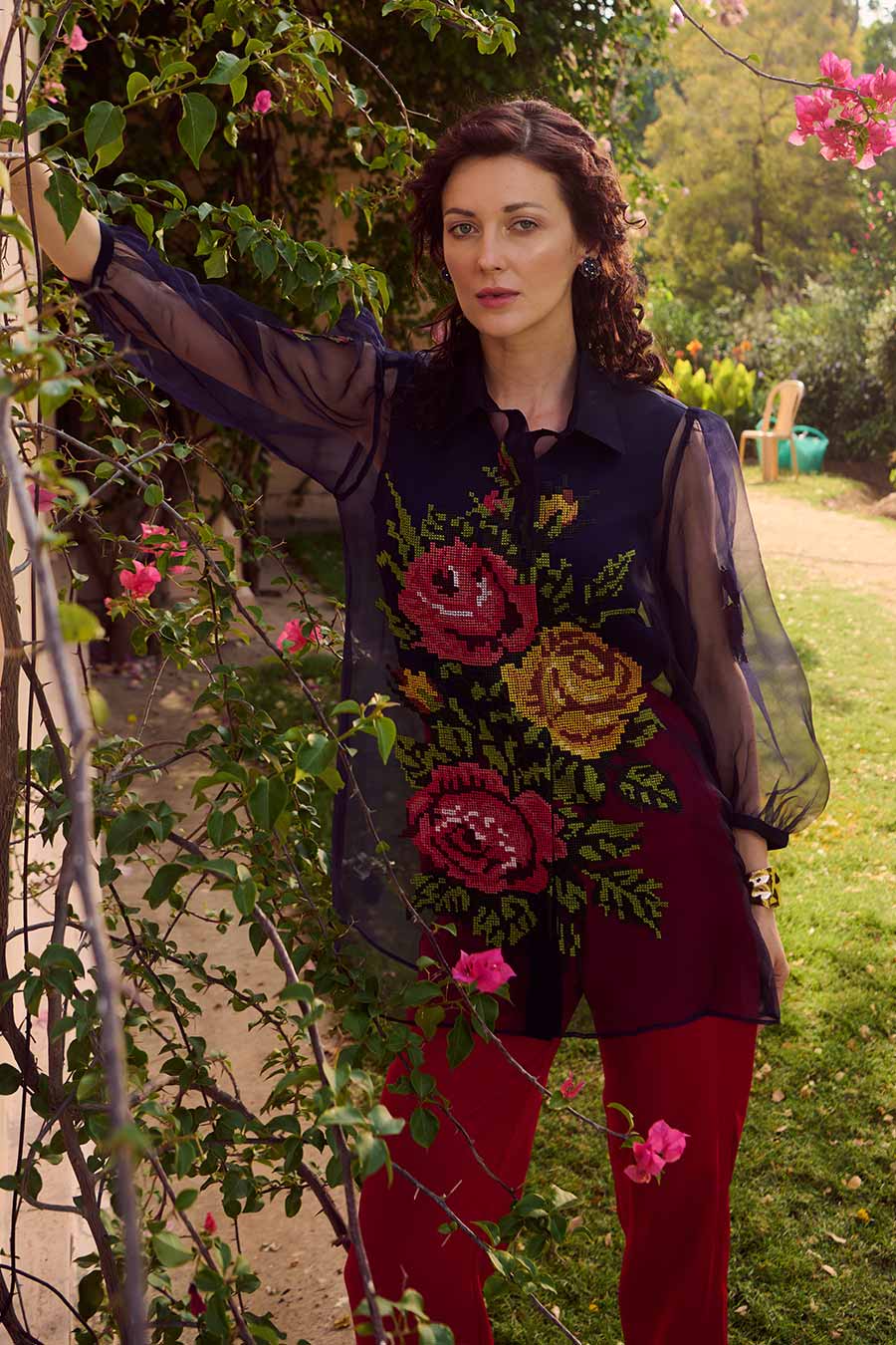 Navy Organza Embroidered Top