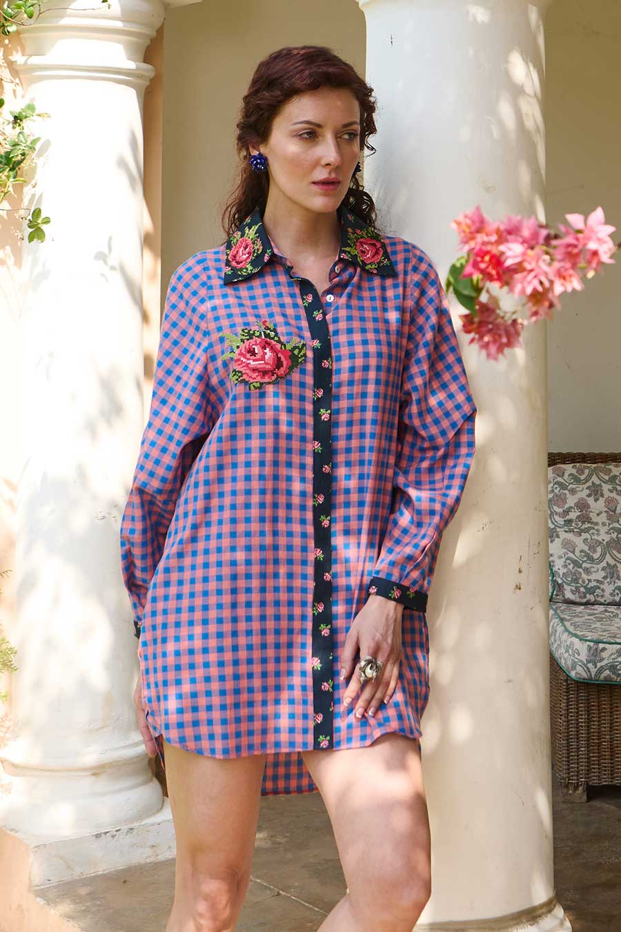 Layla Pink-Blue Cross Stitch Shirt Dress