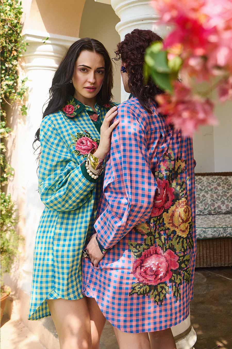 Layla Pink-Blue Cross Stitch Shirt Dress