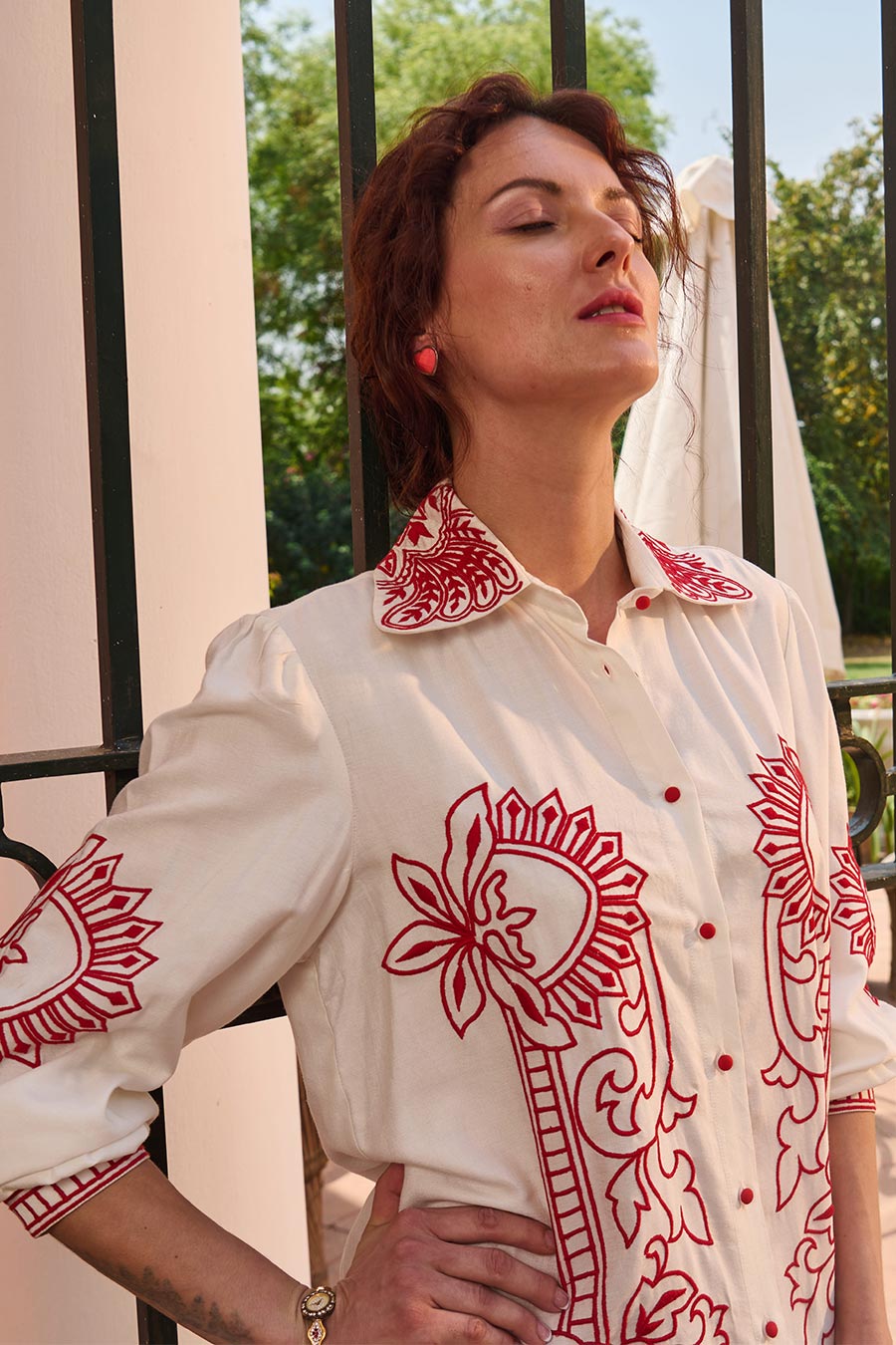 White & Red Cotton Embroidered Shirt