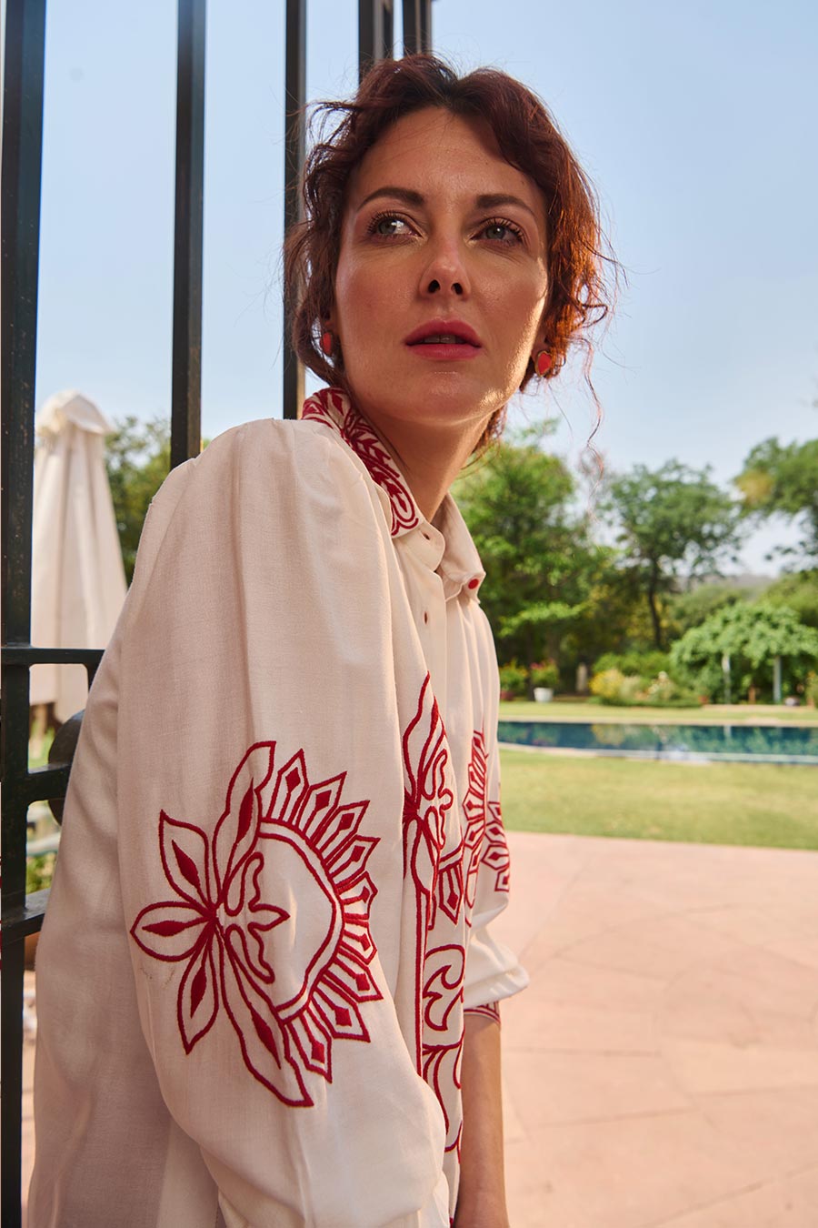 White & Red Cotton Embroidered Shirt
