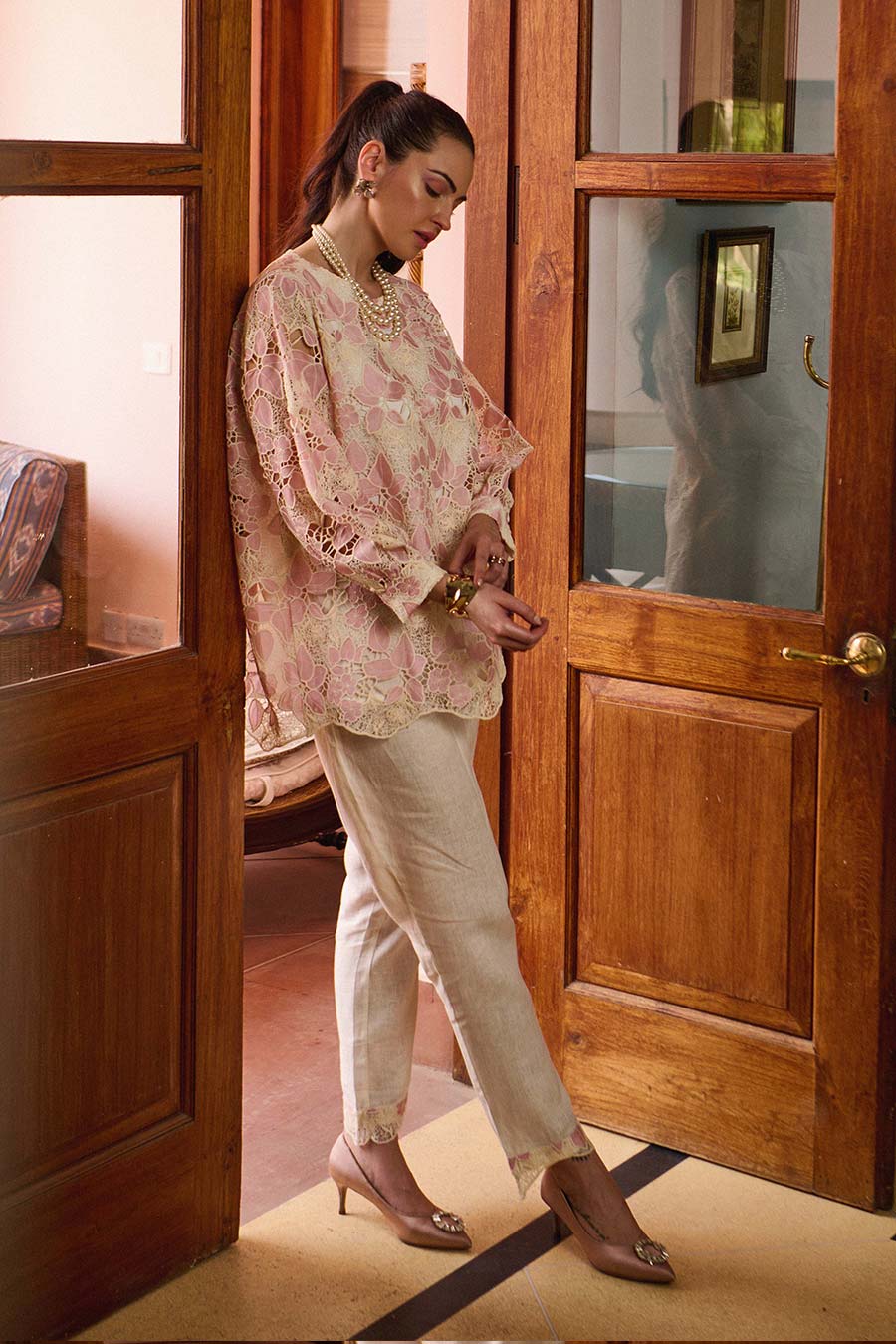 Rose Pink & Ivory Lace Embroidered Co-Ord Set