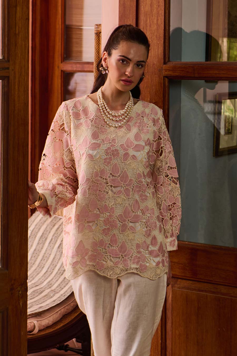 Rose Pink & Ivory Lace Embroidered Co-Ord Set