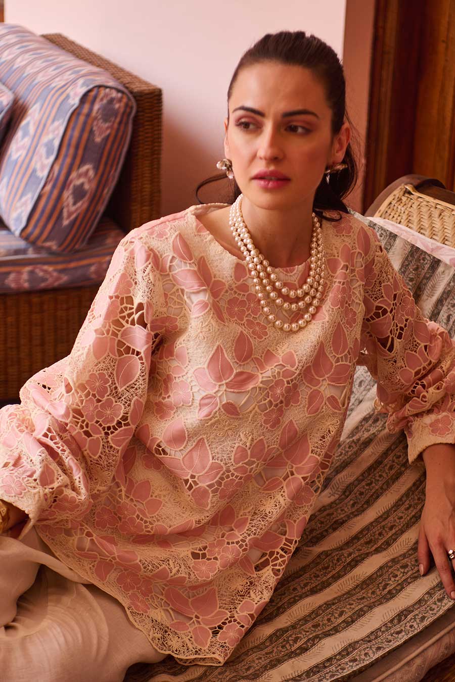 Rose Pink & Ivory Lace Embroidered Co-Ord Set