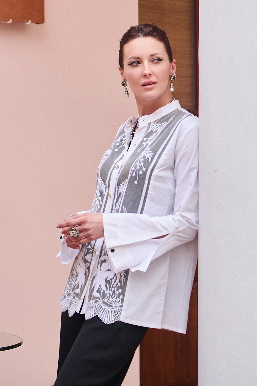 White Organza Haze Embroidered Shirt