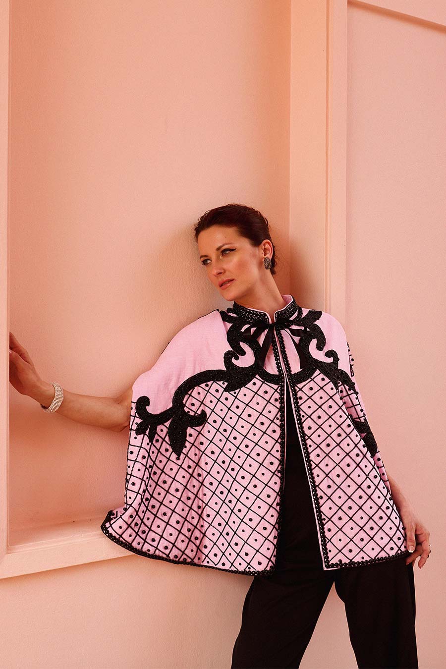 Black Pearl Embroidered Pink Lia Cape