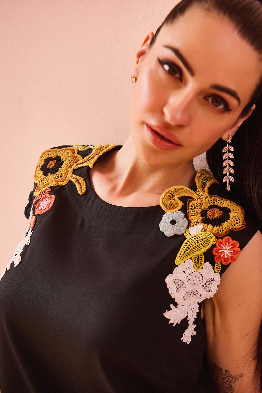 Black Patchwork Embroidered Dress