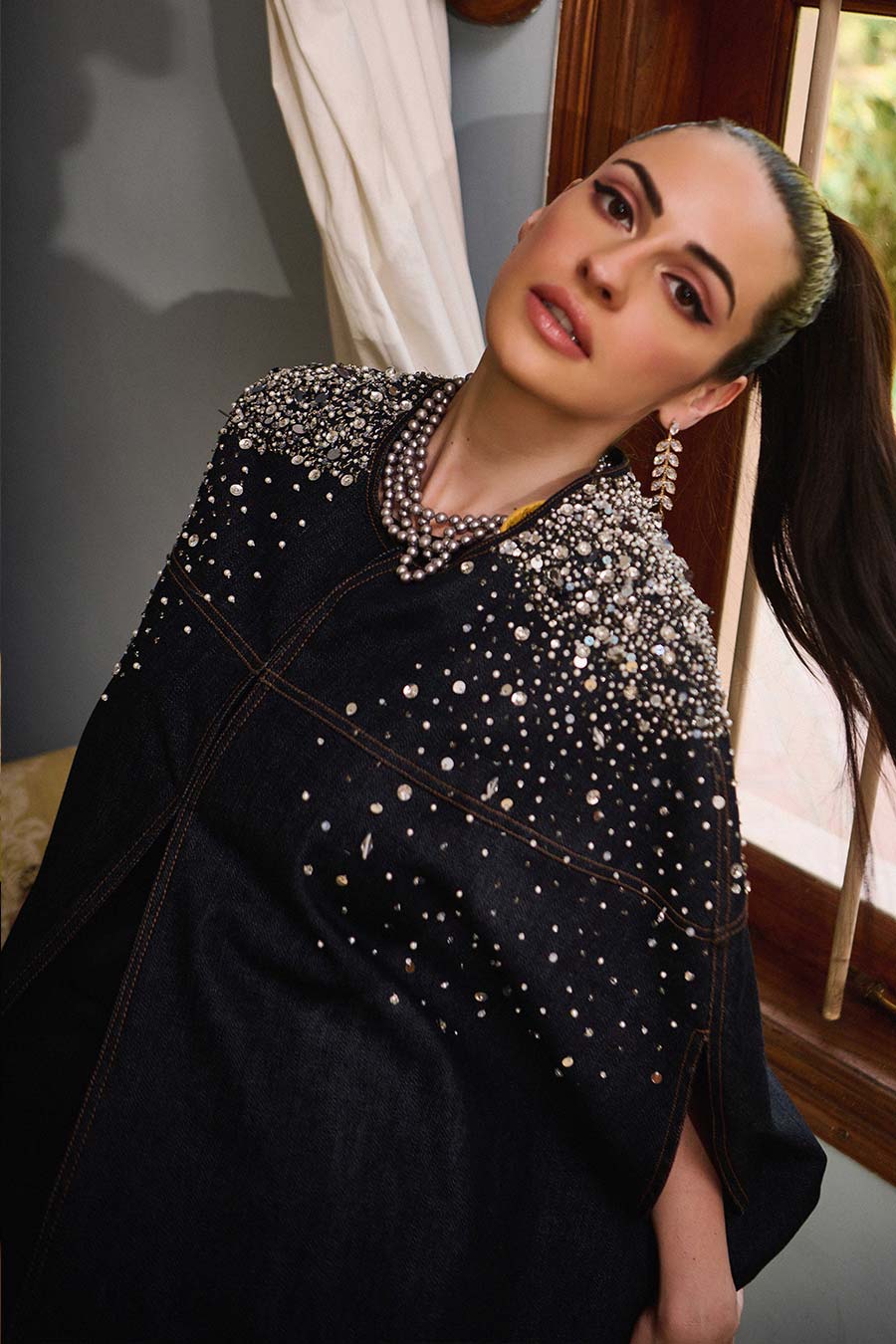 Blue Denim Pearl Embellished Cape