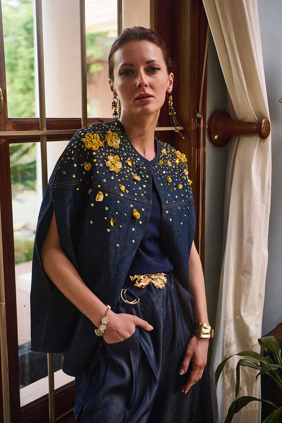 Blue Denim Yellow Pearl Embellished Cape
